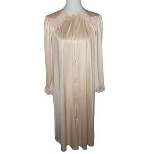 Vtg Vanity Fair Robe Pink Peach Button Up Lace Trim House Coat Small Fairycore